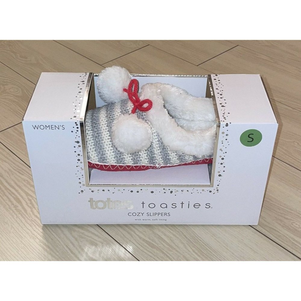 Totes Toasties Cozy Slippers Pom Pom Womens S Small Size 5 6 Gray White New